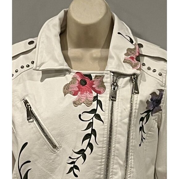 Faux Vegan Leather White Floral Embroidered Studded Zip Biker Moto Jacket - Picture 4 of 14
